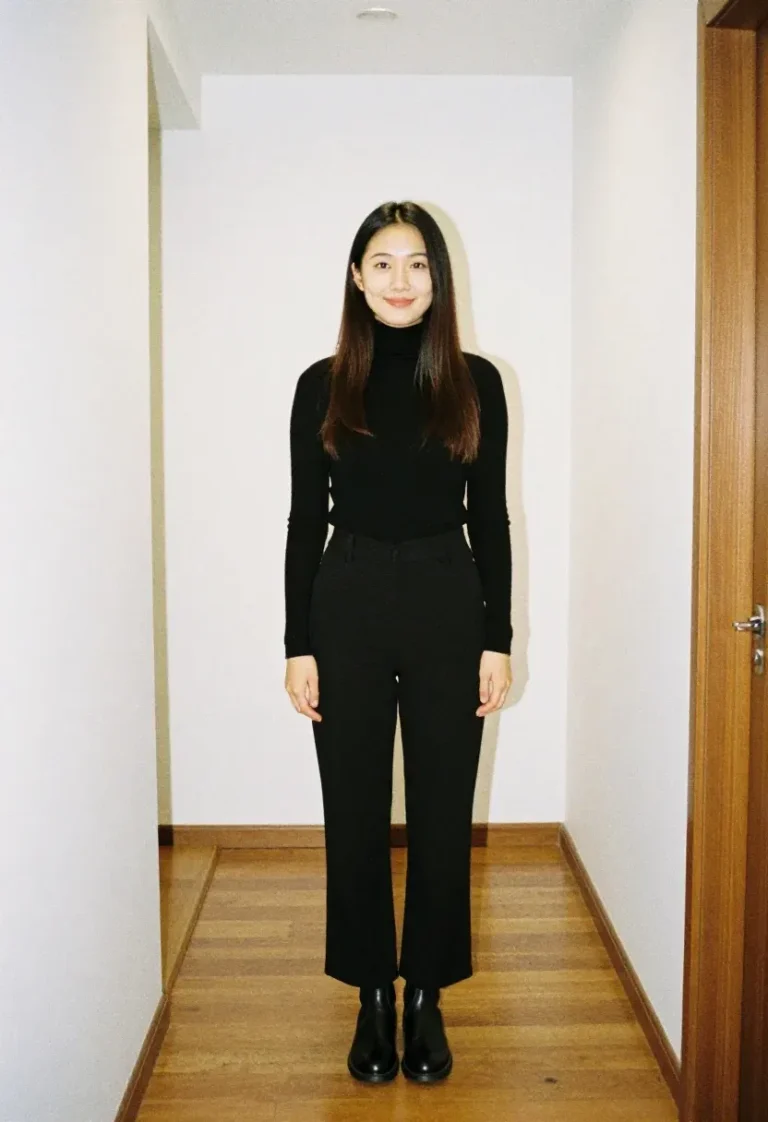 Woman wearing all-black wide-leg trousers, turtleneck, and Chelsea boots for a polished office look