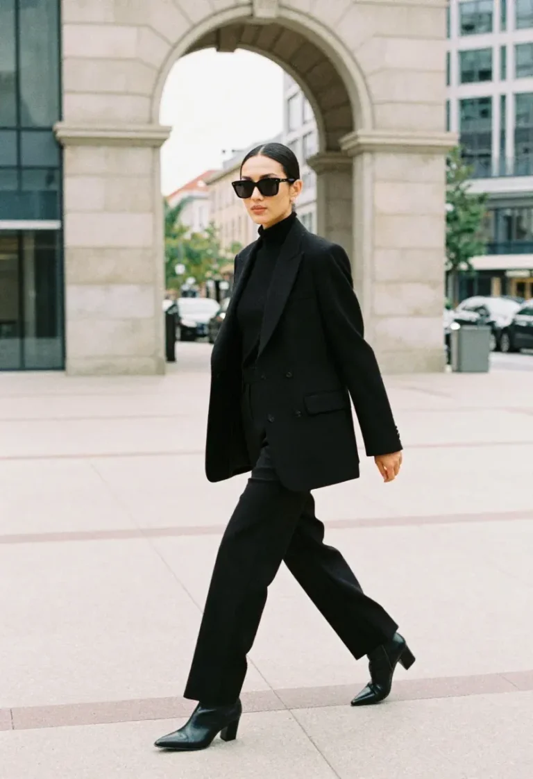 Woman wearing all-black work outfit with sleek pointed-toe ankle boots and oversized sunglasses