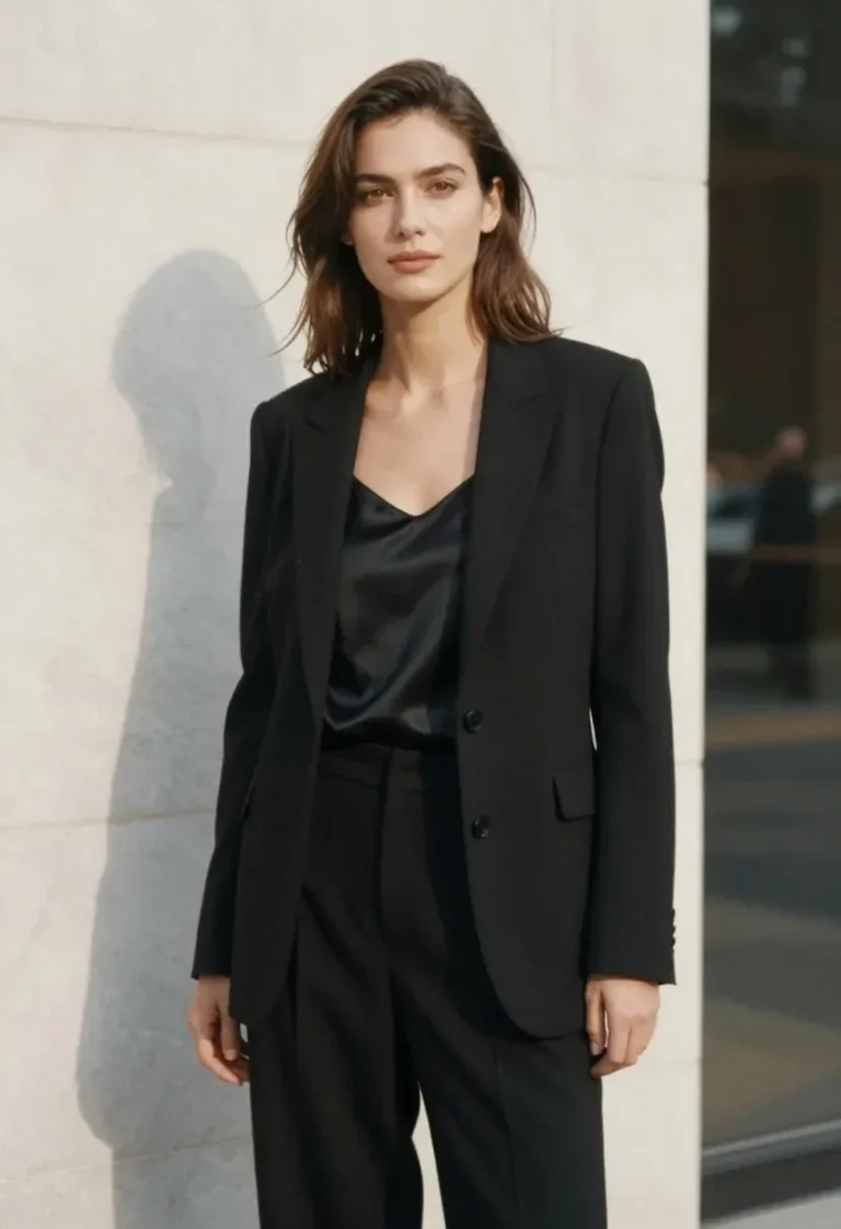 Woman wearing all-black wide-leg trousers and tailored blazer against marble backdrop