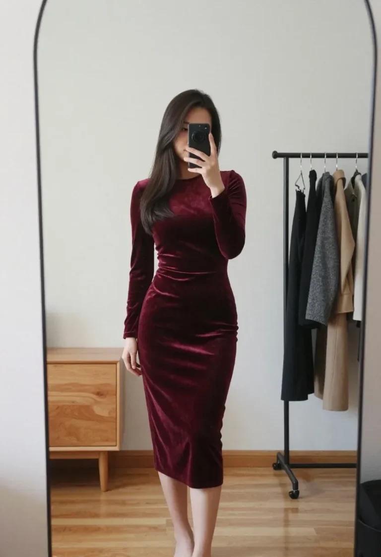 Woman wearing burgundy velvet dress for cinema date night