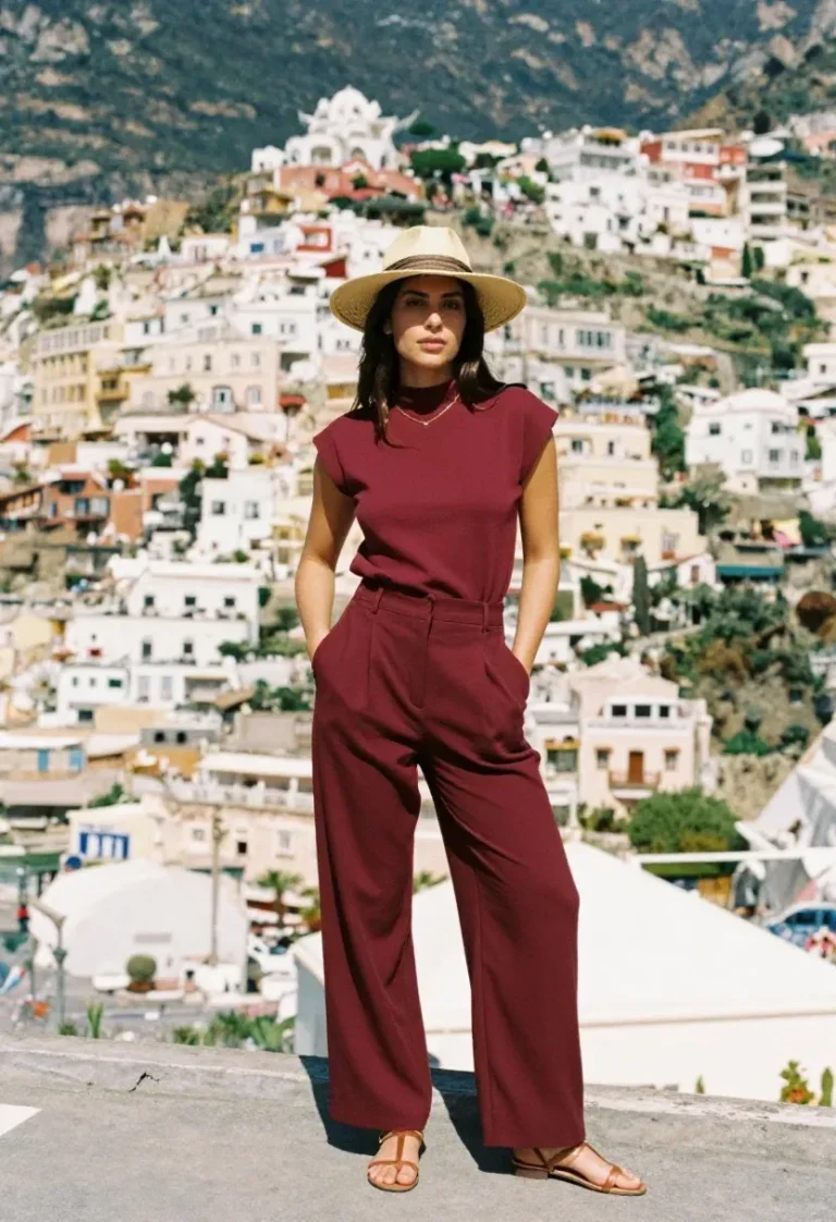 Woman wearing a burgundy mock-neck top and wide-leg trousers with a straw fedora hat