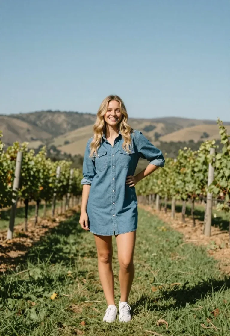Woman wearing relaxed denim chambray shirt dress in outdoor vineyard setting