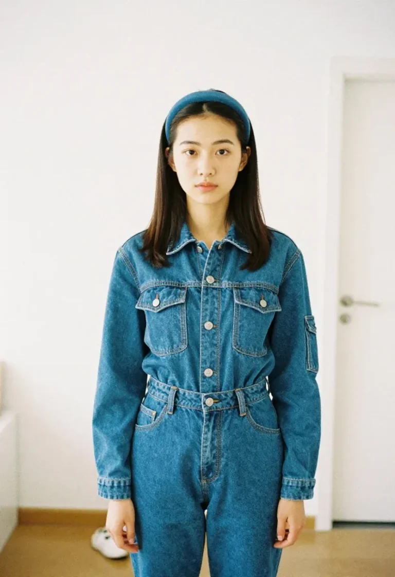 Woman wearing a fitted denim blue utility jumpsuit for an active escape room date night