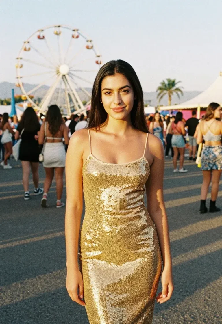 Woman in a gold sequined midi dress channeling Oscars statuette glamour for a watch party