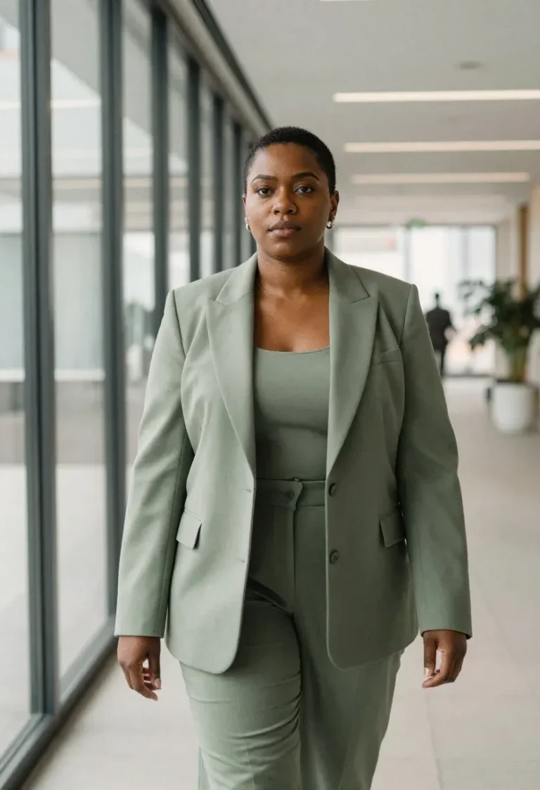 Plus size woman in a sage green relaxed blazer and wide-leg trouser power suit for spring