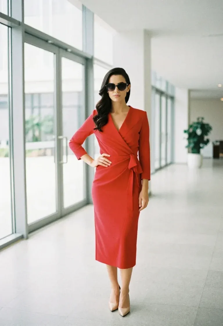 Woman wearing a sleek red wrap dress with structured shoulders and a low chignon hairstyle