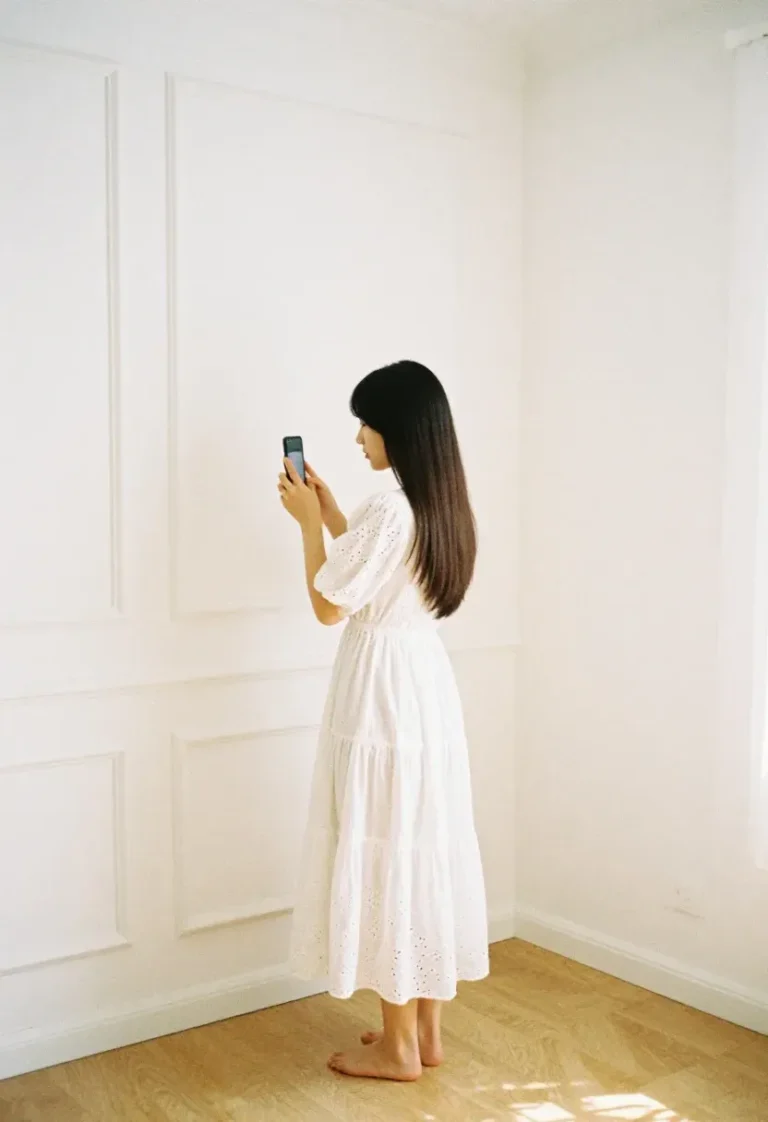 Woman wearing a soft white eyelet maxi dress in a bright, light-filled interior room for a spring photoshoot.